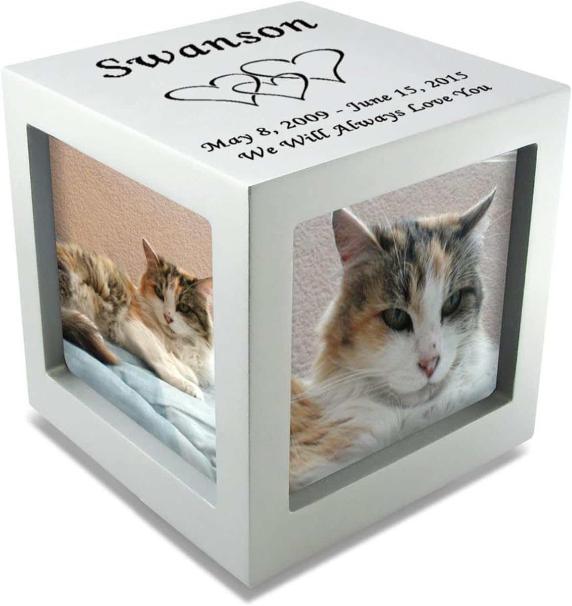 Mainely Urns Personalized Small Silver Rotating Photo Cube Pet Cremation Urn for Ashes - 25 Cubic Inches for a Pet Weighing up to 25 Pounds - Personalized Pet Memorial Gift - Hold up to 3 Photos