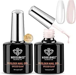 modelones Builder Nail Gel, 2 Pcs Clear and Cover Nude Builder Nail Polish, 8-in-One Apex Building Thickening Strengthener Extension Rubber Color Base Gel for DIY Home Salon Gifts LED Lamp Cured 10ml
