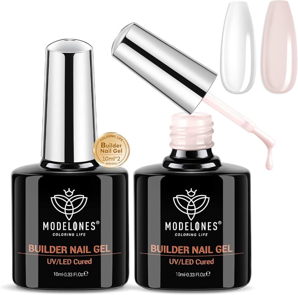 modelones Builder Nail Gel, 2 Pcs Clear and Cover Nude Builder Nail Polish, 8-in-One Apex Building Thickening Strengthener Extension Rubber Color Base Gel for DIY Home Salon Gifts LED Lamp Cured 10ml