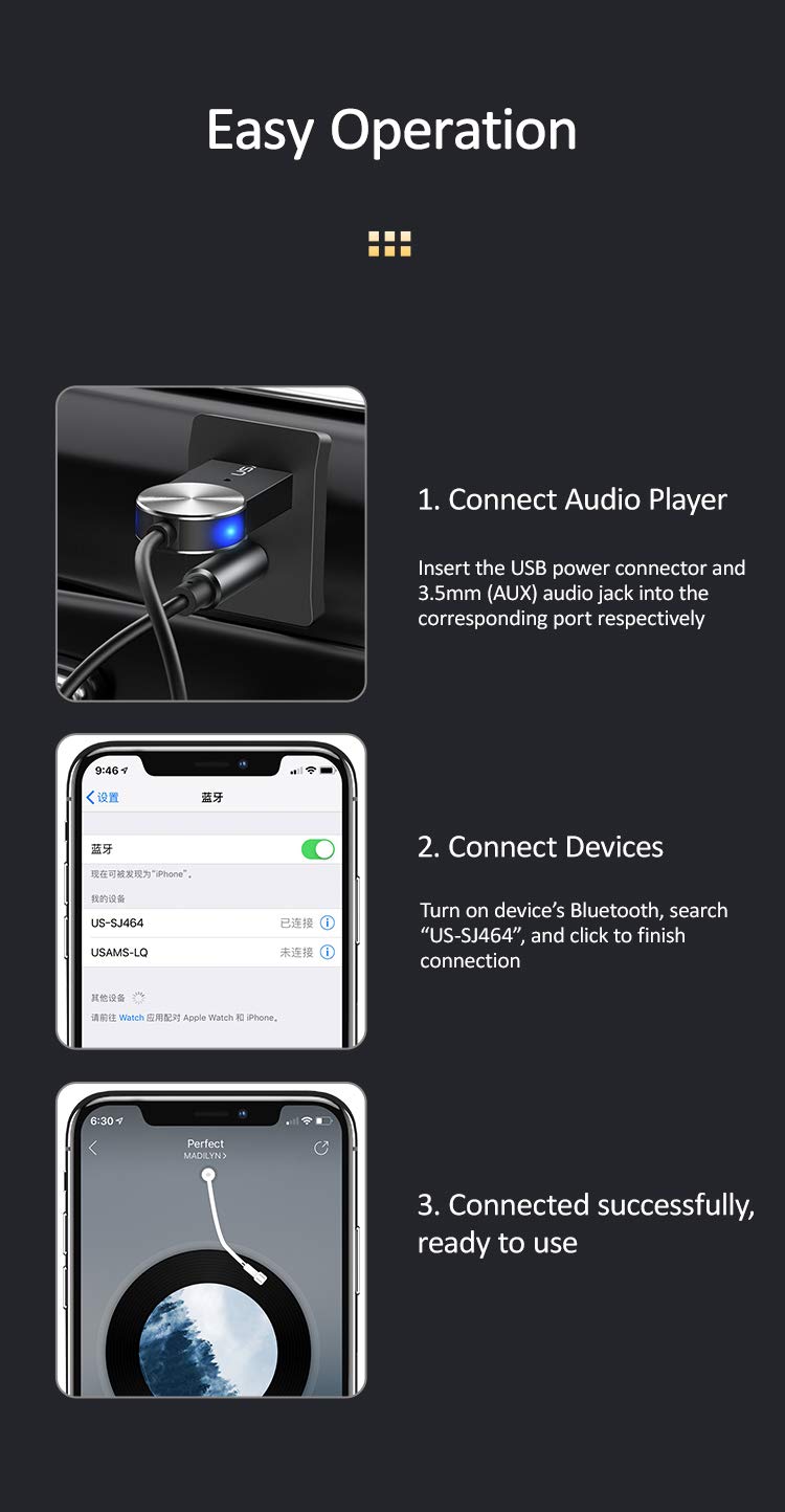 LivX Usams Bluetooth 5.0 Receiver Usb Aux Wireless Araç Kiti Telefon Konuşma Müzik Dinleme Ba01 SJ464LVX