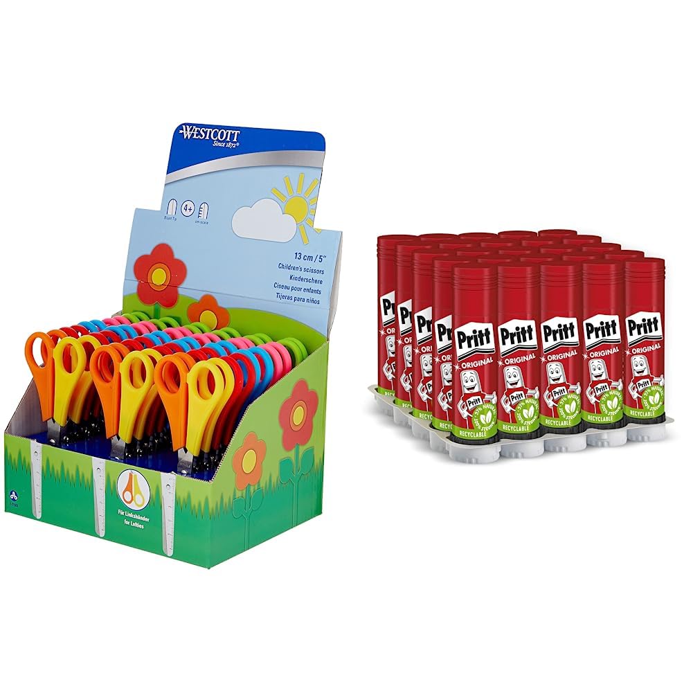 Westcott E-2150S Kinderschere für Rechts- und Linkshänder, 13 cm, runde Spitze, 30 Stück, Maß 5 cm & Pritt Klebestift, gr. 11 (25 pack)