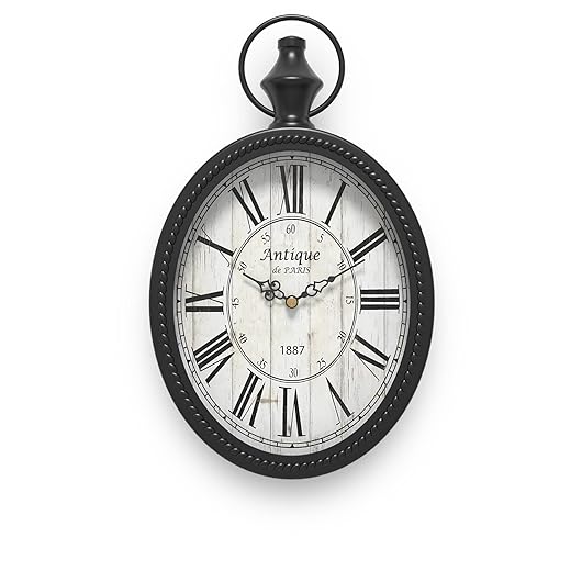 Menterry Small Retro Oval Wall Clock, Antique Old Design, Black Vintage Style, Battery Operated
