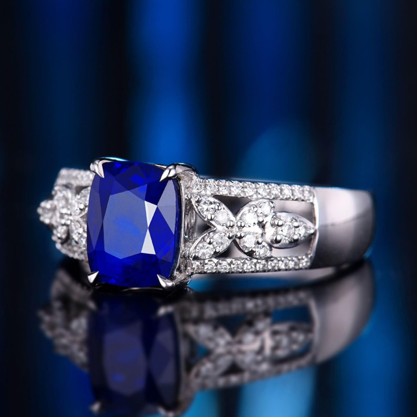 Obrączki ślubne damskie z białego złota 9Kt / 14Kt / 18Kt, puste i 4 szczęki prostokątne szafir 2,19ct i diament, obrączki ślubne w kolorze srebrno-niebieskim, dla kobiet