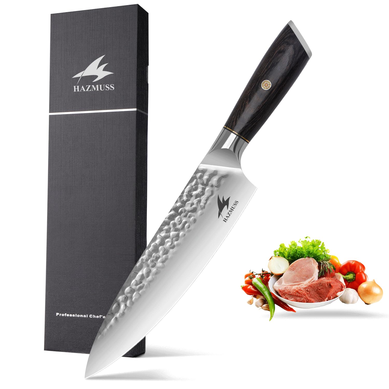 Coltello da Chef Martellato 20,5 cm, Acciaio Alto Carbonio Ultra Affilato, Manico Ergonomico in Legno Pakka, Ideale per Taglio, Tritatura e Affettatura Domestica