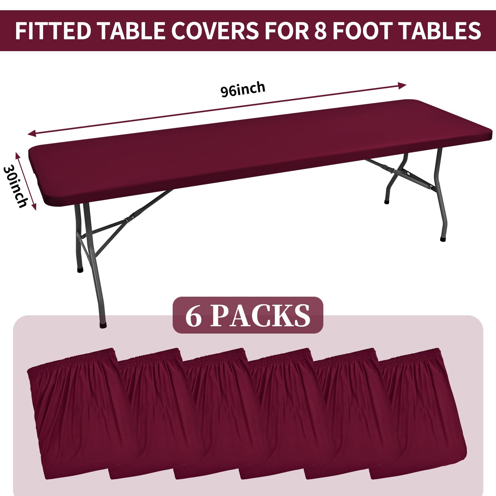 Paquete de 6 manteles de tela elástica para mesas de 8 pies, manteles de elastano lavables y elásticos rectangulares para interiores y exteriores, fiestas, pícnic, bodas, color rojo vino, 76 cm de