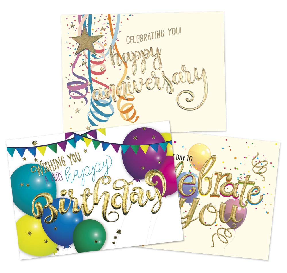 50 Premium Employee Cards - Birthday & Anniversary Designs - 52 Gold Foil Lined and Vanilla Envelopes - FSC Mix