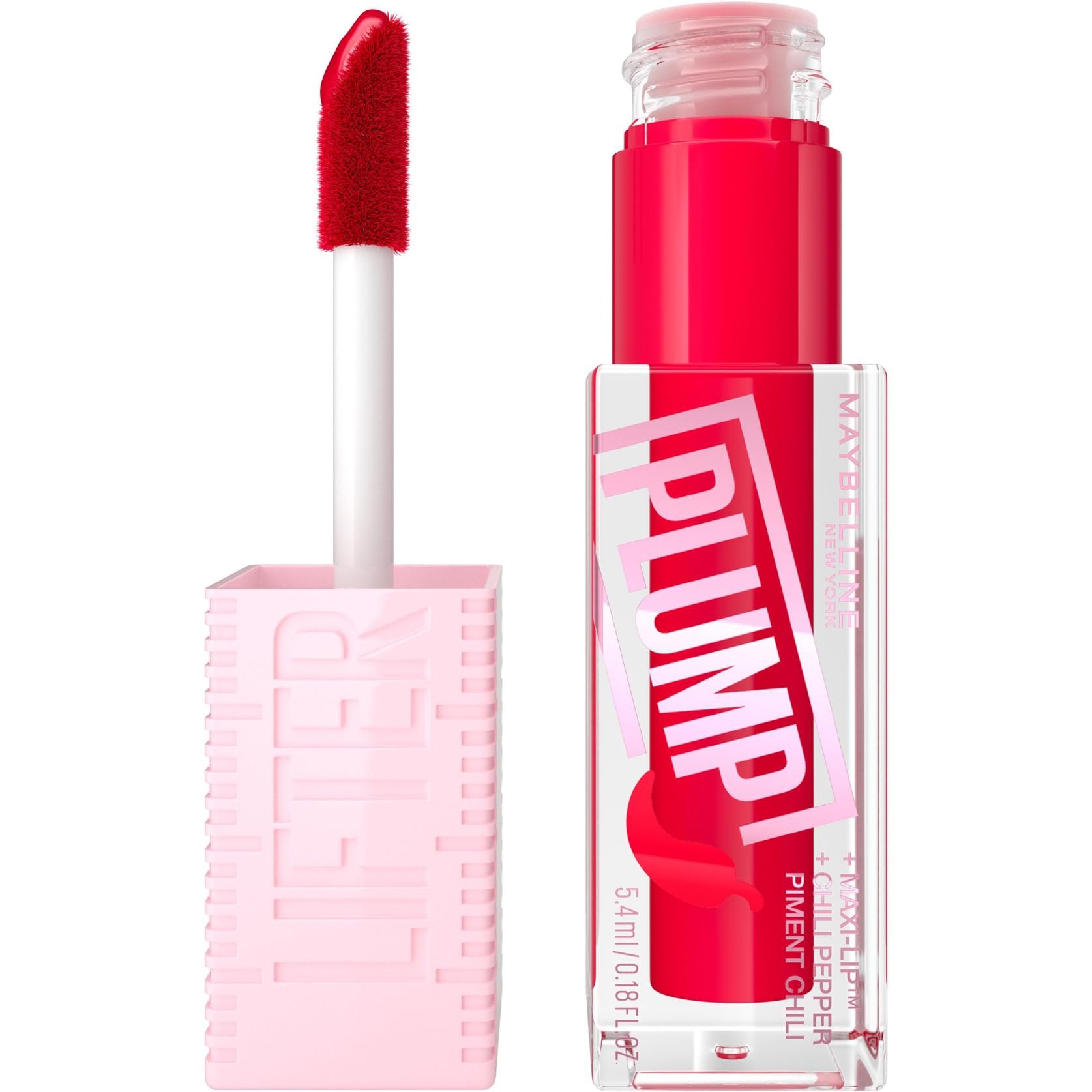 Maybelline New York, Lifter Plump, Brillo de Labios Voluminizador, Volumen Instantáneo y Duradero, Fórmula Picante, Tono Red Flag, 5,4 ml