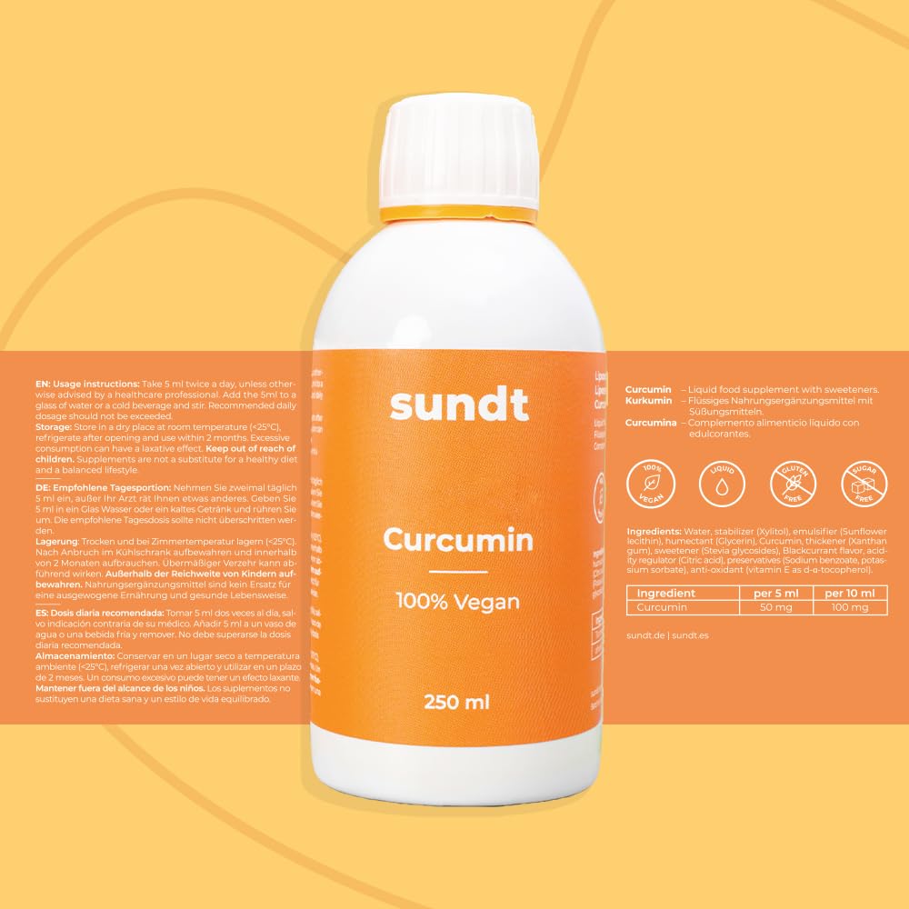 Kurkumin Liposomal Liquid 250 ml flüssig | Tagesdosis 100 mg Curcumin | hohe Bioverfügbarkeit | Kurkuma | hochdosiert | Vegan & GMO-frei | Sundt Supplements