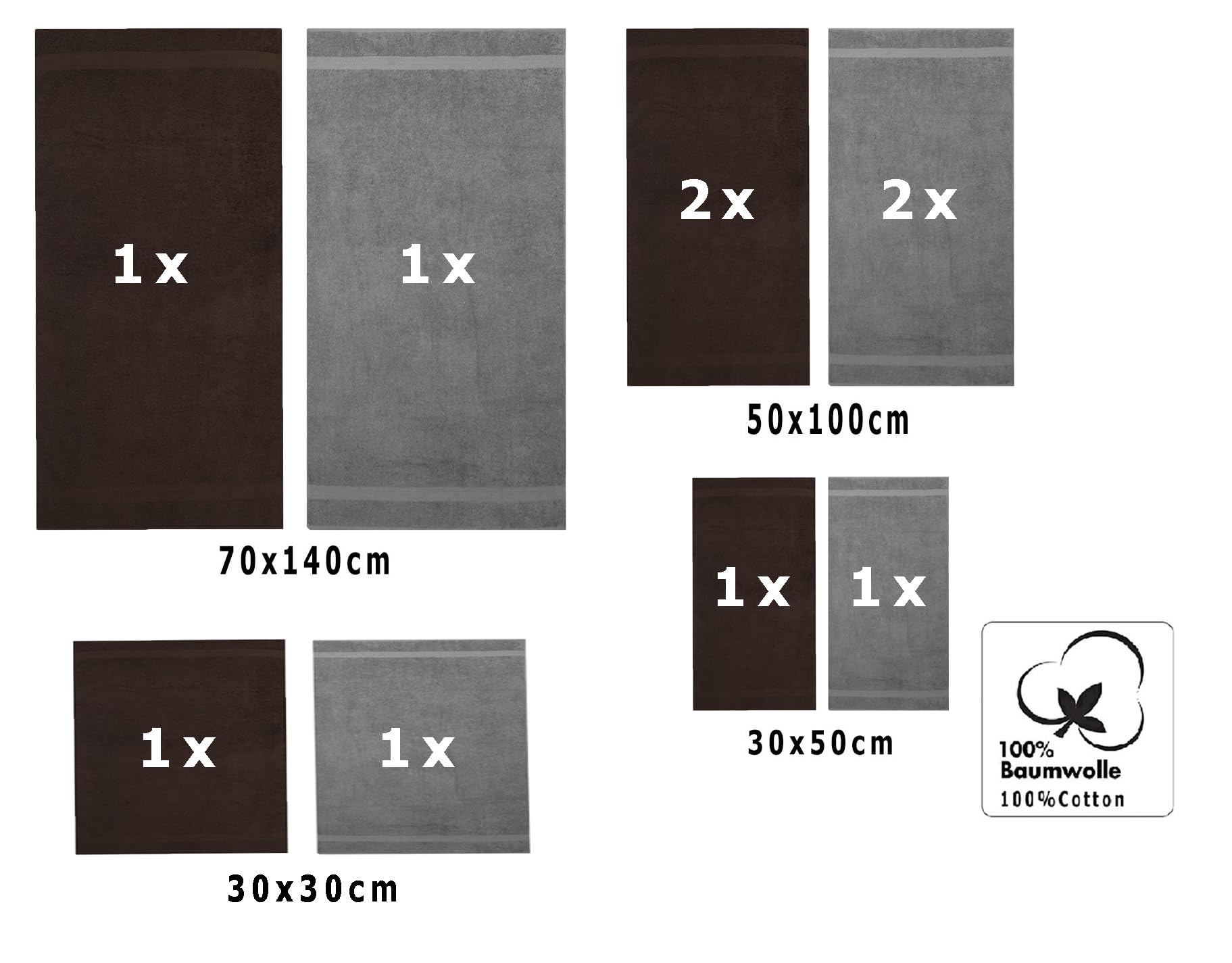 Betz Juego de 10 Toallas Classic 100% algodón 2 Toallas de baño 4 Toallas 2 Toallas de Mano 2 Toallas Cara de Color marrón Oscuro y Gris Antracita