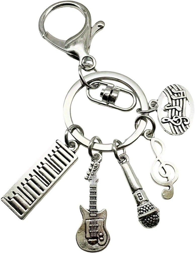 Themed Keychain Set with Guitar Microphone Piano Musical Notes - Instrument Charm Keyring for Musicians Lovers Gift