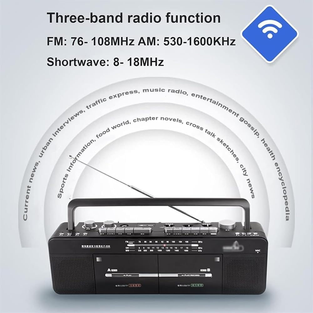 Magnetofon kasetowy, magnetofon kasetowy, radio AM/FM, FM/SW/WM, podwójny odtwarzacz taśmowy, dysk MP3/U, wzmacniacz, nagrywanie jednym kliknięciem, transkrypcja dla miłośników muzyki i audio