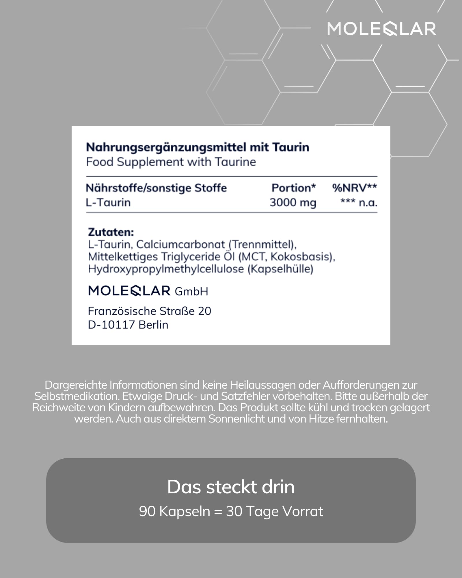 MoleQlar Capsule di taurina 90 pezzi – 2550 mg L-taurina ad alta purezza per porzione – Supporto ottimale in caso di maggiore necessità di taurina – vegano, ad alta purezza, senza OGM