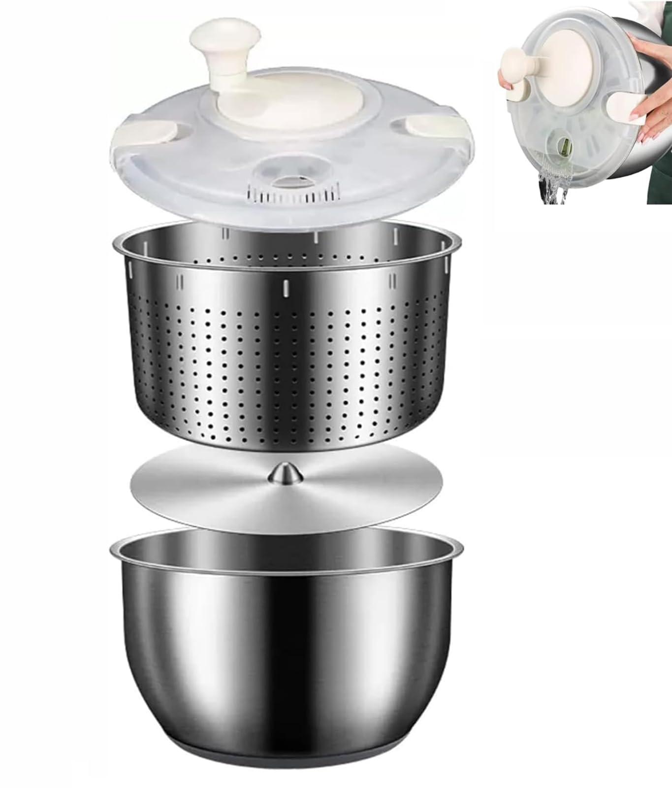 Salatschleuder, hocheffizienter Edelstahl-Fruchtreiniger, 6 l Fassungsvermögen, Gemüsewascher und Trockner mit Deckel, Schnelldrehsieb-Schüssel für Salat, Obst und Gemüse