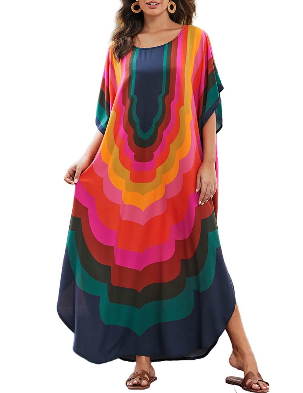Bsubseach Vestido de playa para mujer, caftán turco, largo, para cubrir el traje de baño, A-colorido Geometría, Talla única