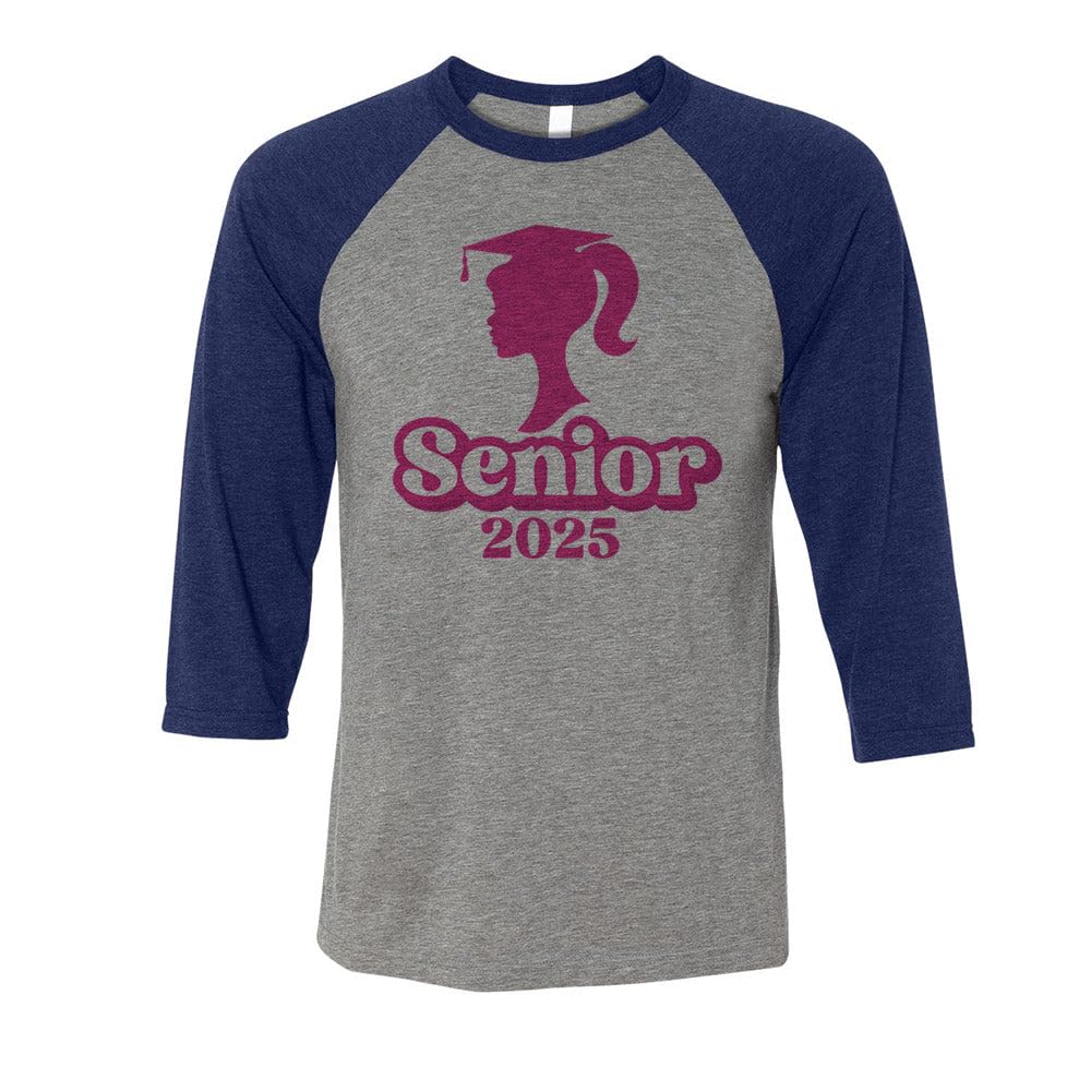 TeesAndTankYou Senior Doll 2025 Three-Quarter Raglan Sleeve Baseball Shirt Unisex X-Large Grey/Navy