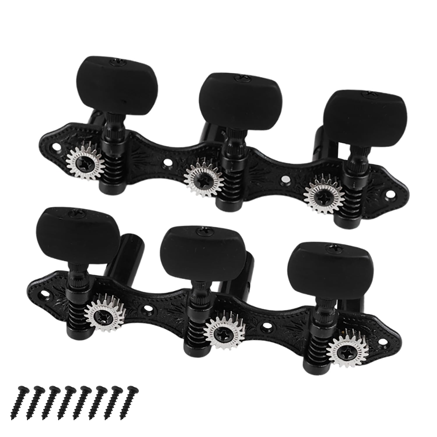 Afinadores de guitarra clásica 3L3R (3 en una fila), afinadores de engranaje abierto 1:18 con perilla cuadrada negra (negro)