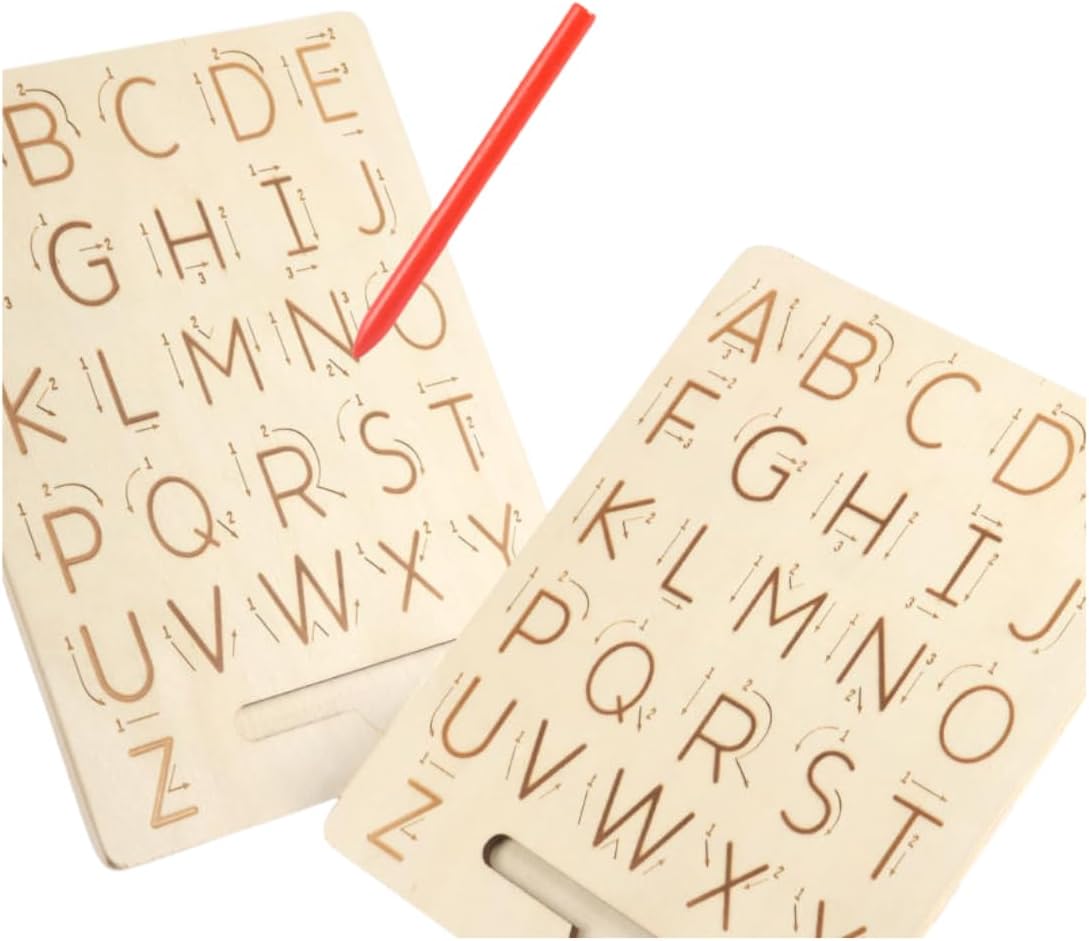 Wooden Alphabet Tracing Board, Double-Sided Capital and Small Letters, Educational Writing Practice Tool for Kids, Reusable Handwriting Learning Board with Guiding Numbers