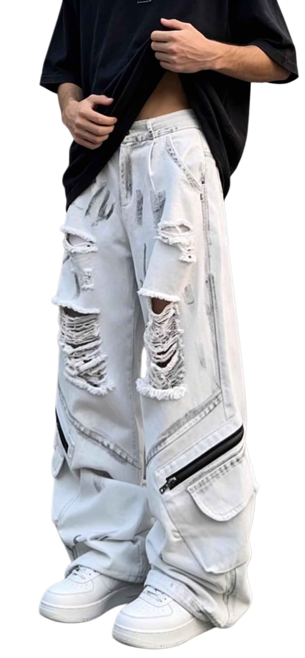 Y2K Unisex Baggy Jeans Wide Leg Distressed Ripped Cargo Denim Pants Oversized Vintage Wash Streetwear Cargo