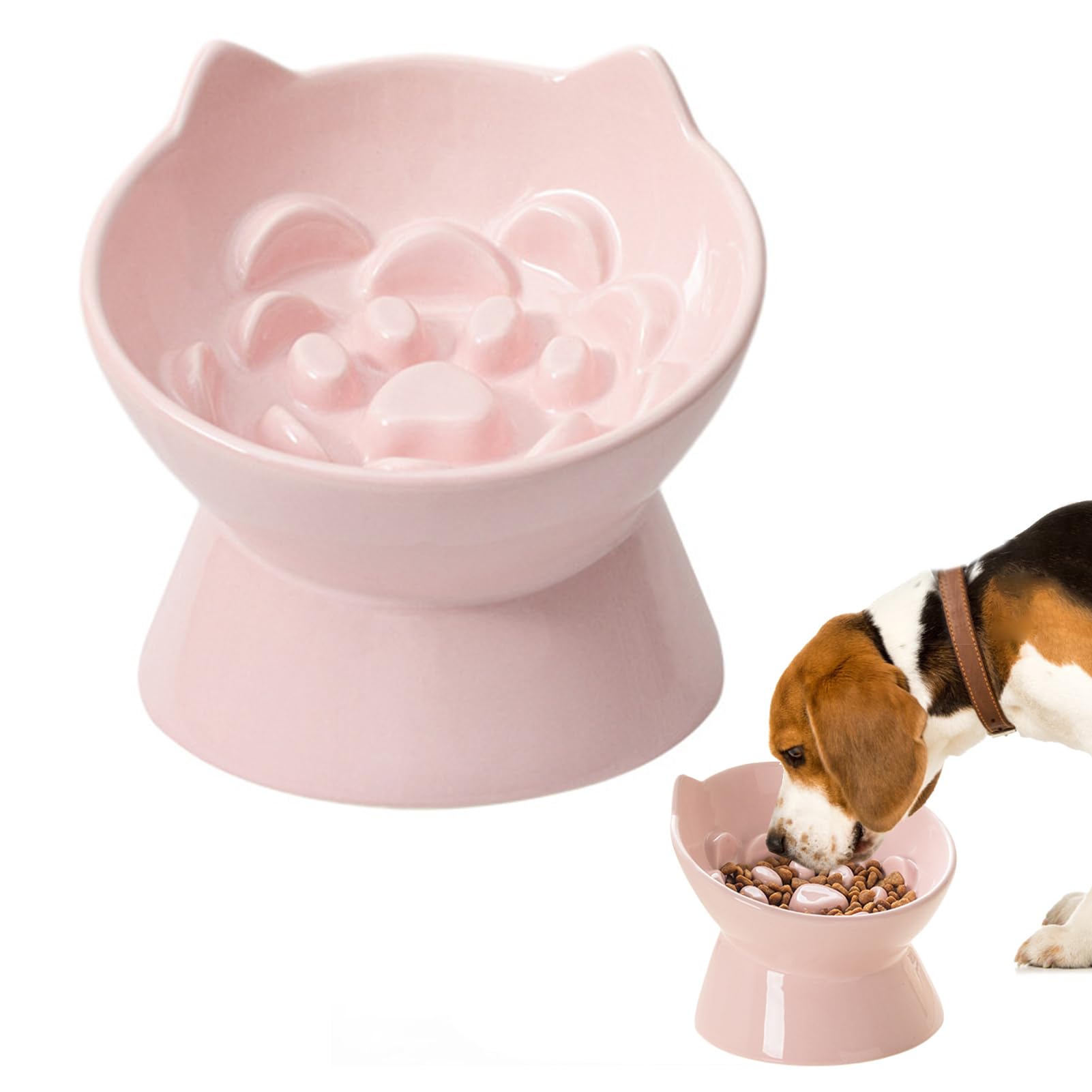 Pasdrucn Ceramic Slow Feeder Cat Bowls Ceramic with Wooden Stand, Anti Gulp Overeating Choking, Dog Slow Feeder Bowl, Whisker Friendly Cat Feeding Bowls, Elevated Cat Slow Feeder Bowl (Rose)