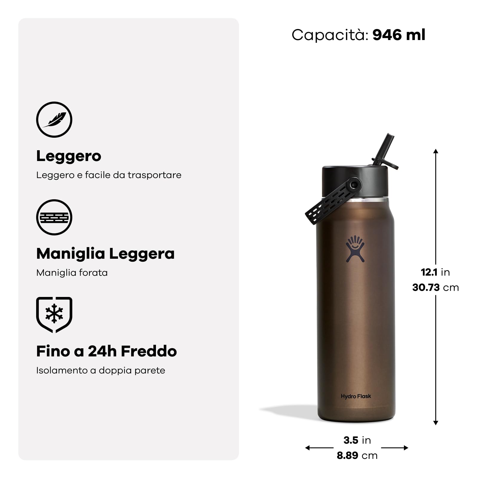 Hydro Flask – Lightweight Wide Flex Straw Cap Bottle 946 ml (32oz) – Acciaio Inox, Ermetico con Cinghia – Isolato Freddo 24 Ore – Obsidian