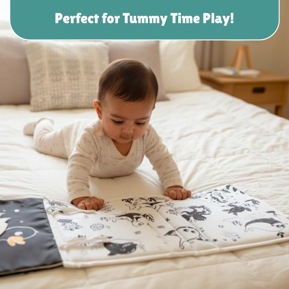 5-in-1 Baby Tummy Time Crinkle Book & Convertible High-Contrast Mat with Rattles & Mirror | Sensory Book for Newborns & Infants (0–1 Year) | Cloth Book for Tummy Time & Early Development 4