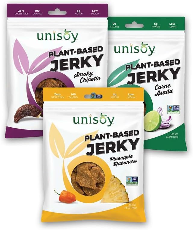 Unisoy Plant Based Jerky - High Protein Plant Based Vegan Jerky Snacks - Sustainable, Non-GMO, Low Sodium Vegan Food with a Bold Jerky Taste - Pineapple Haberno, Carne Asada & Smoky Chipotle (3-Pack)