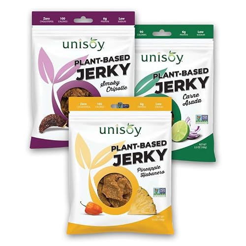 Unisoy Plant Based Jerky - Non-GMO, - Pineapple Haberno, Carne Asada & Smoky Chipotle (3 Pk)
