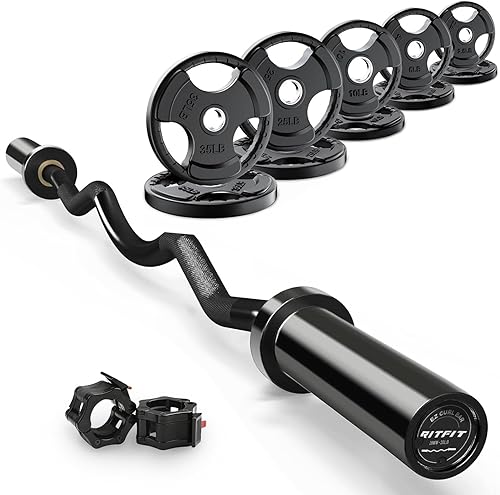 Miniatura 8 de RitFit Barra de rizo EZ de 2 pulgadas con pesas, barra olímpica de capacidad de 350 libras para bíceps y tríceps, entrenamiento de fuerza de