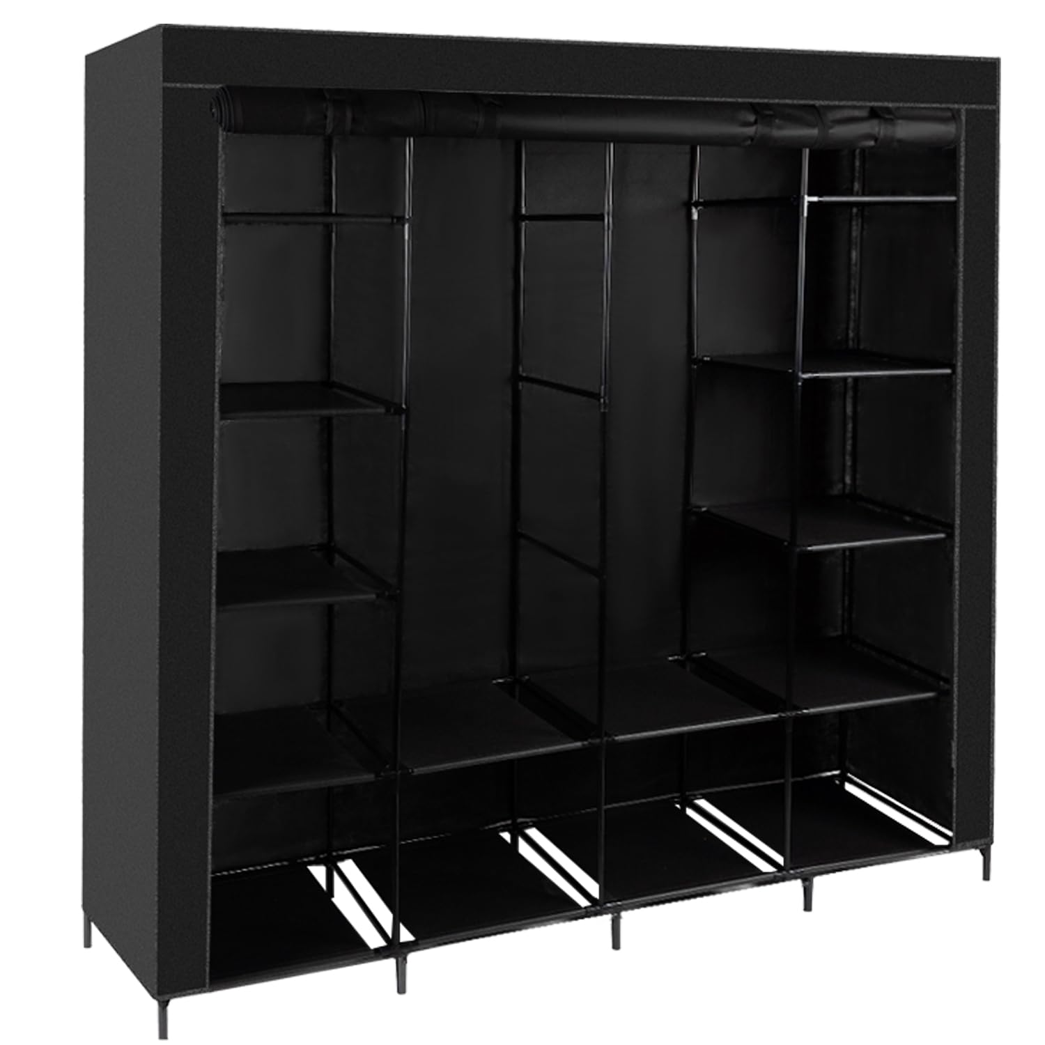 Armario de tela grande 170 x 170 cm, estable, 2 barras para ropa, 14 compartimentos, armario plegable para dormitorio, vestidor, color negro 23740