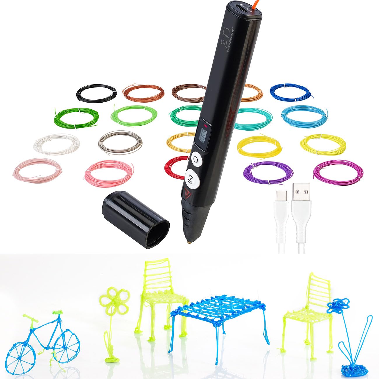 PEARL FreeSculpt 3D Drucker Stift: Kompakter 3D-Stift, USB-C-Stromversorgung, 20 Bunte PLA-Filamente (Druckerstift, 3D Stifte Bilder, Kugelschreiber)