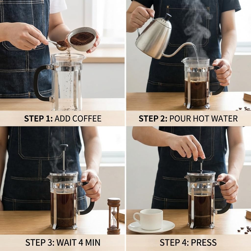 Caffettiera French Press in Vetro Resistente al Calore con Filtro Facile da Pulire, Pressa Francese per Caffè e Tè, Design Multifunzionale Ideale per Casa, Viaggio e Campeggio (600, Millilitri)