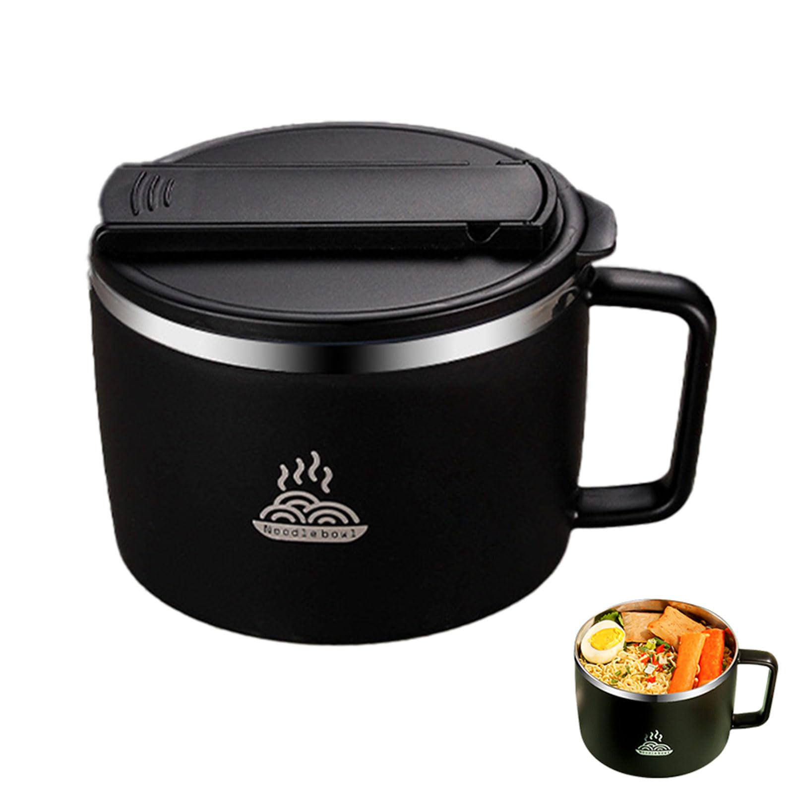 EBbels Ramen Bowl, 1300ml Instant Noodle Bowls with Lid and Handle, Bento Box, Stainless Steel Pasta Soup Bowl, Double Layer Heat Insulation Ramen Mug Serving Bowl (Black)