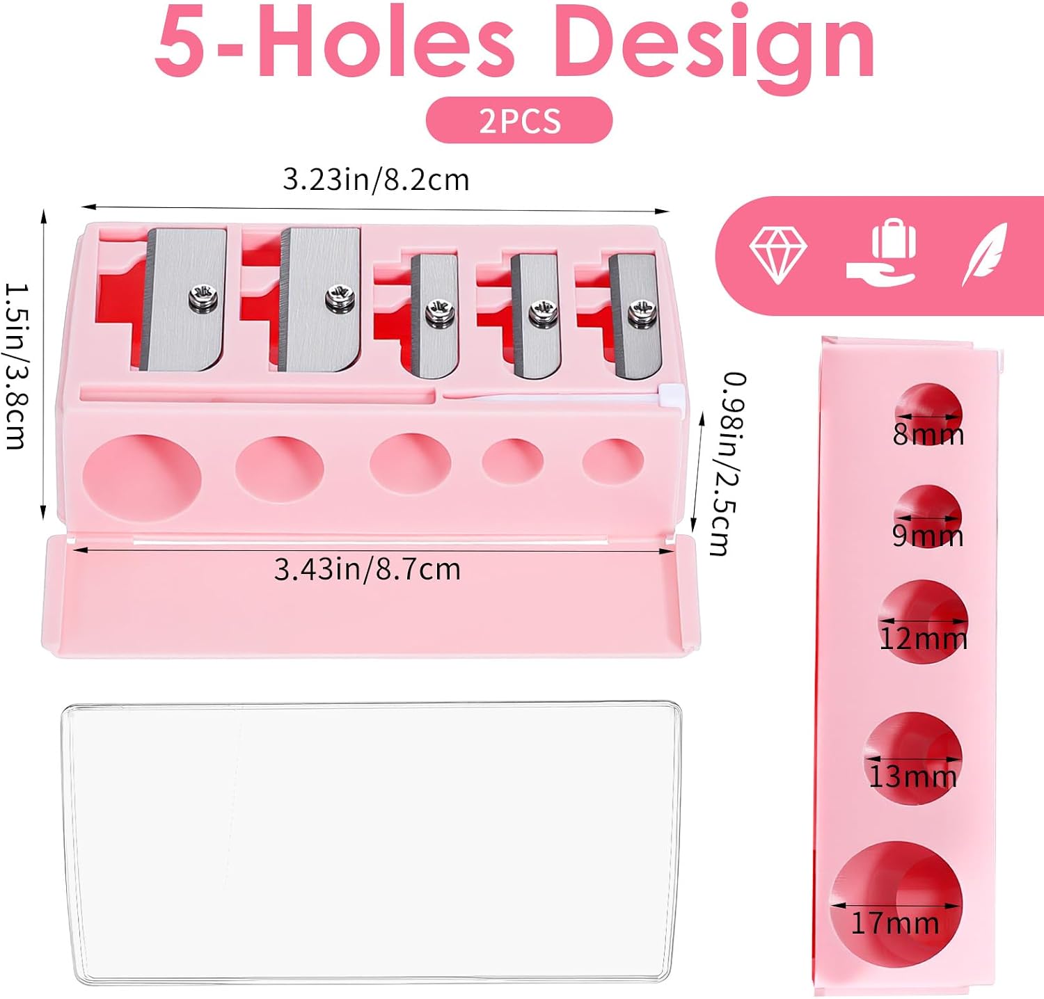 2 PCS Eye Pencil Sharpener, 5 Hole Makeup Pencil Sharpeners Eye Liner Sharpener Tool Lip Liner Pencils Eyeliner Makeup Eyeliner Pencils Sharpeners Cosmetic Tool Multiple Sizes, 5 Slot Black Pink