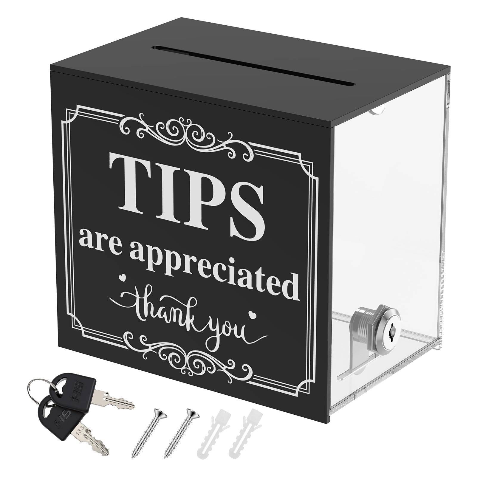 Lockable Tip Box with 2 Keys, Clear Acrylic Cash Collection Donation Box Bartender Tip Jar for Cash, Coins, Donations, Ballots, Receipts, Countertop Money Box for Bar, Cafe, Restaurant (15x10x13.6cm)