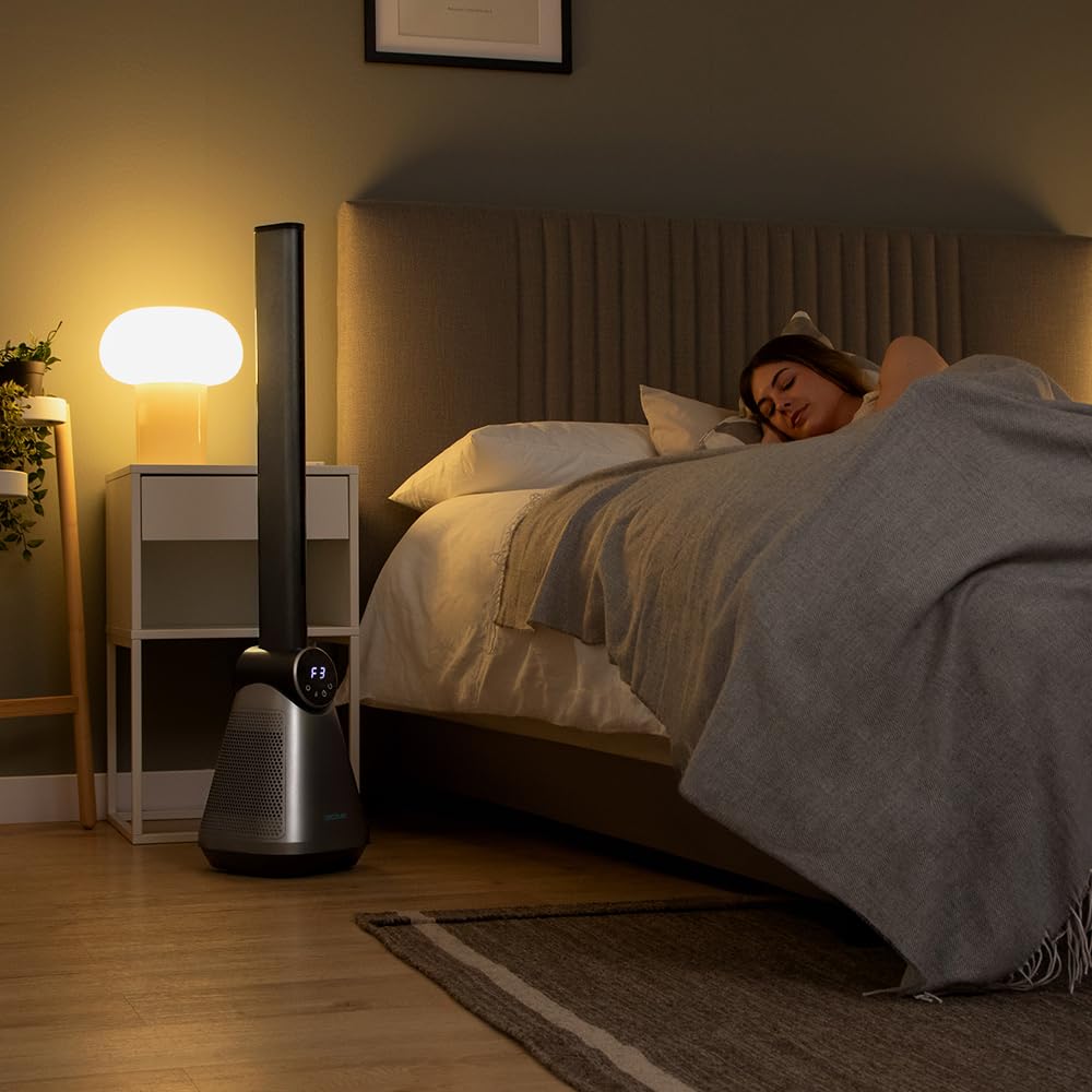 Cecotec - Ventilatore a Torre EnergySilence 9890 Skyline Bladeless Dark senza pale 100 cm, 50W, touch screen LED, telecomando, 3 modalità, 3 velocità, timer 15 ore, oscillazione 40º, Acciaio Base Nera