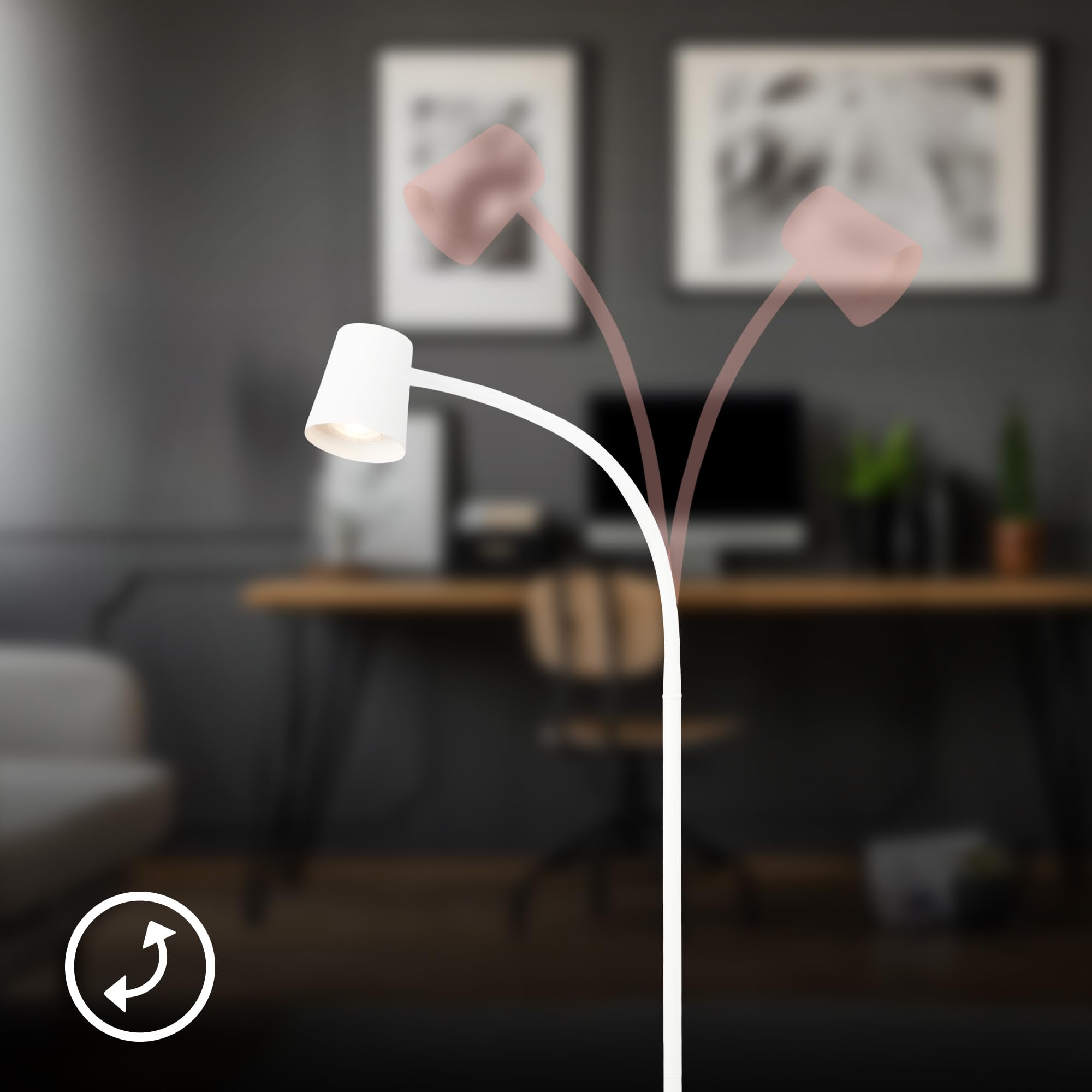 Biała lampa stojąca z regulowaną głowicą, na 1 żarówkę GU10 maks. 9W, metalowa konstrukcja, z przełącznikiem nożnym, nowoczesny design do salonu, biura lub kącika czytelniczego, IP20