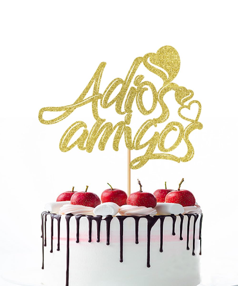 Adios Amigos Gold Glitter Cake Topper, Happy Retirement Cake Topper, for Men or Women Officially Retired Decor,Corporation Farewell/Job Change/Retirement Party Decoration Supplies