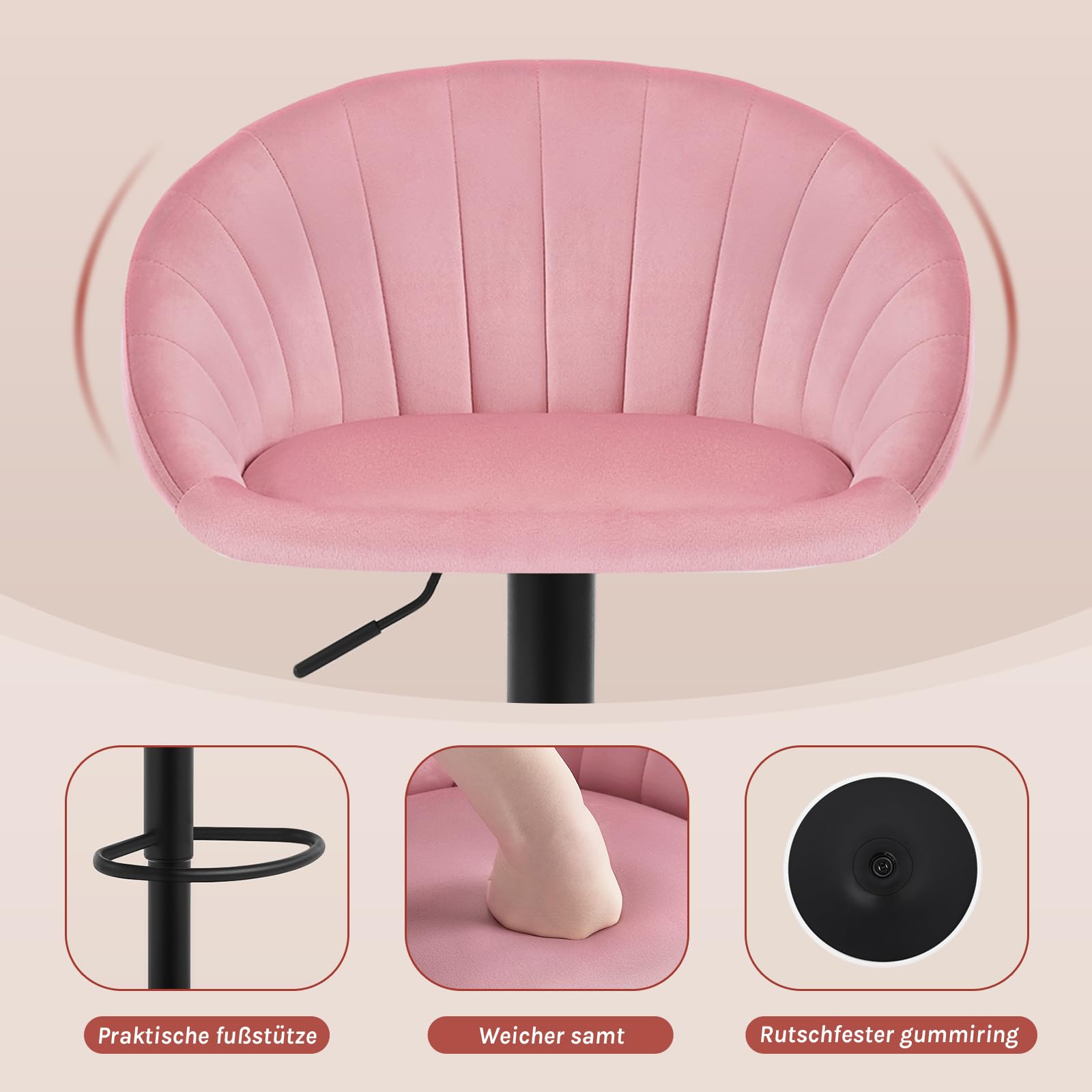 WOLTU Barhocker 2er Set, Barstuhl Höhenverstellbar, Samt-Bezug, Rosa