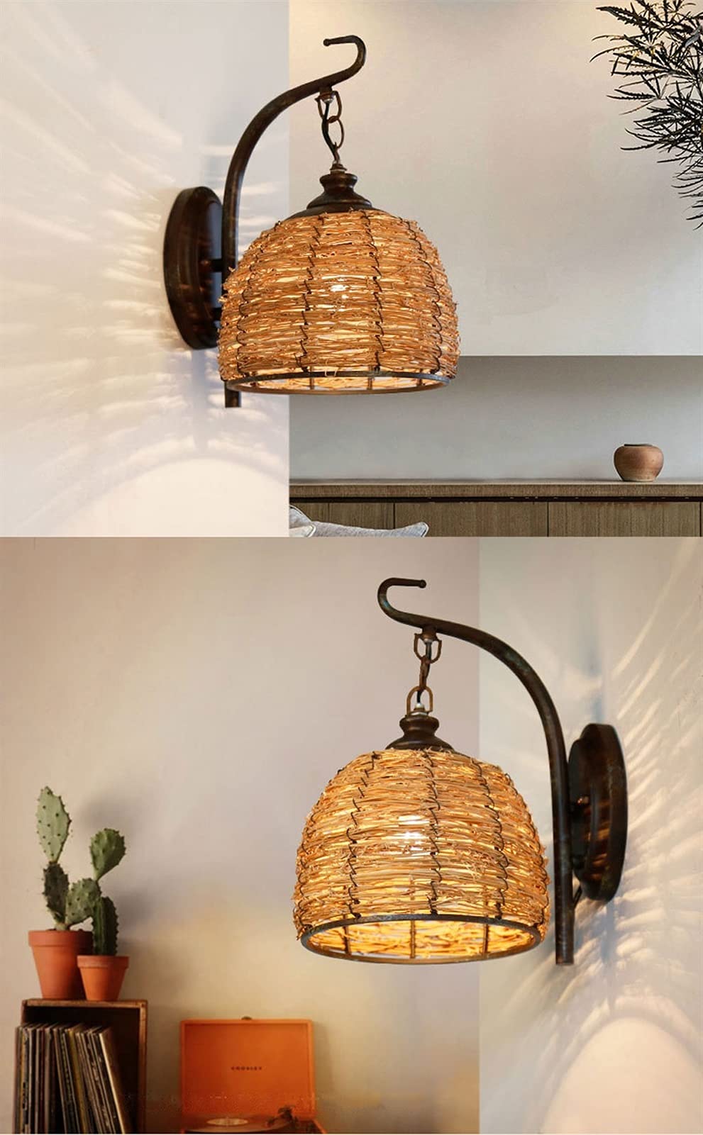 Lampada da parete retrò in stile mediterraneo Nido d'uccello Creativo rattan tessitura Lanterna da parete Sconce Tonalità di vimini Lampada da parete a gabbia E27 per interni per camera Soggiorno