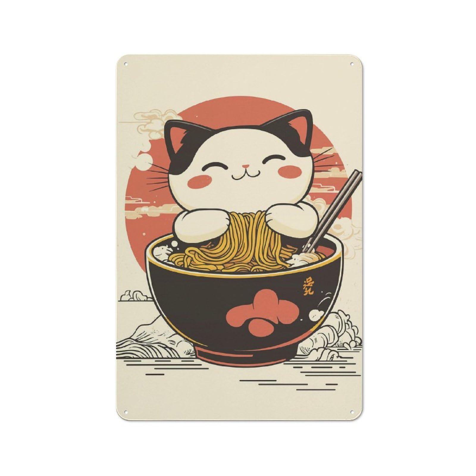 Junmoney Style-12 Cat Eating Ramen Vintage Tin Sign 30X20cm For Café Or Home Bar, With Clear Vintage Wall Decor Character