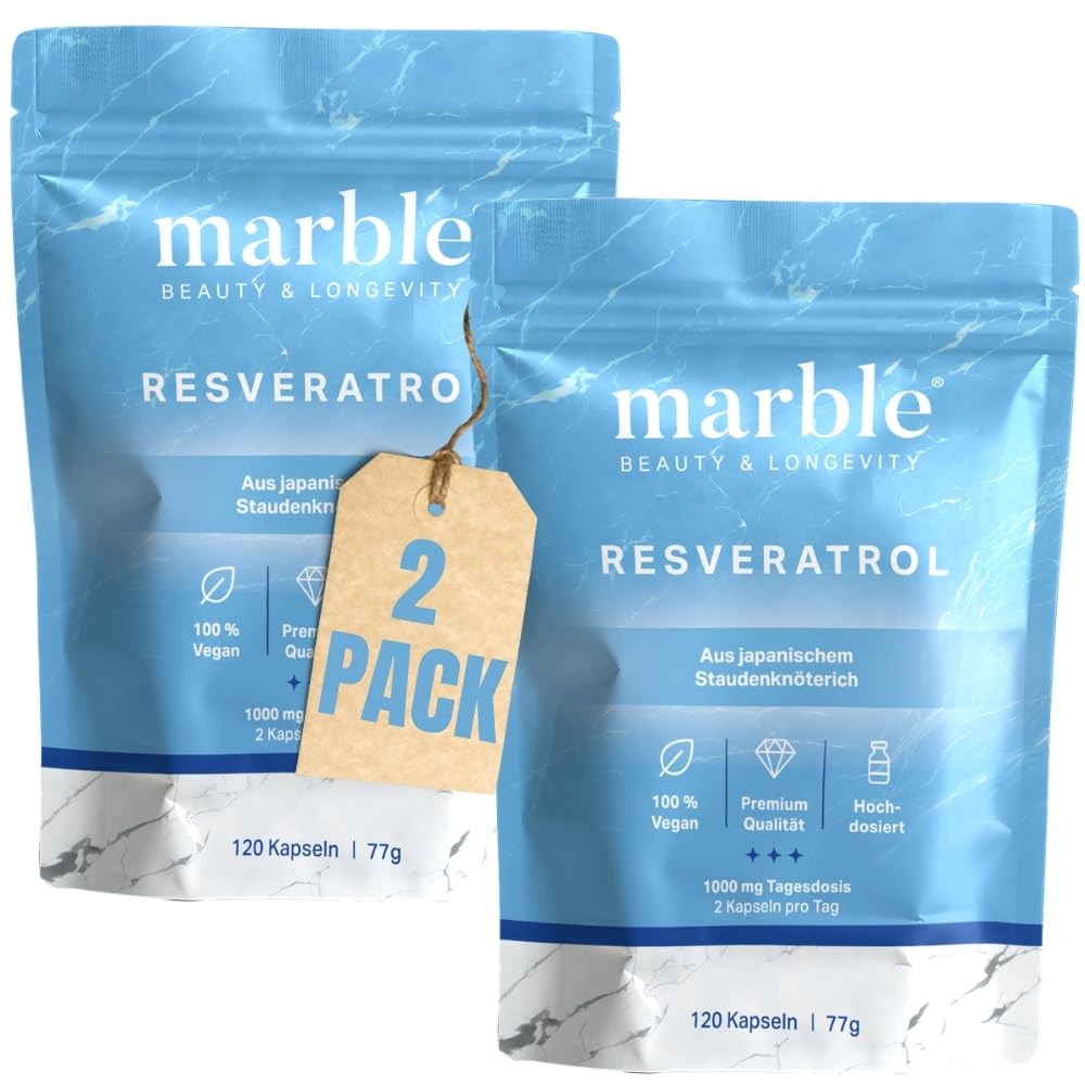 marble® Trans-Resveratrol, 1000 mg - vegan - 2 Monatsvorrat, aus Japanischem Staudenknöterich 100:1 Extrakt + Piperin, laborgeprüft, Made in Germany - 30 Tage risikofrei testen