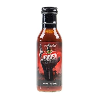 Pepper Joes Ghost Pepper Ketchup Hot and Spicy Ketchup with Delicious Flavor Balance Bourbon Infused Bhut Jolokia Pepper Ketchup 14 Ounces