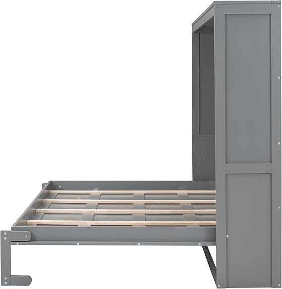 Queen Size Murphy Bed Chest, Murphy Cabinet Bed Lift up Bed Frame, Folding Wall Bed for Garret Office or Guest Room, Grey