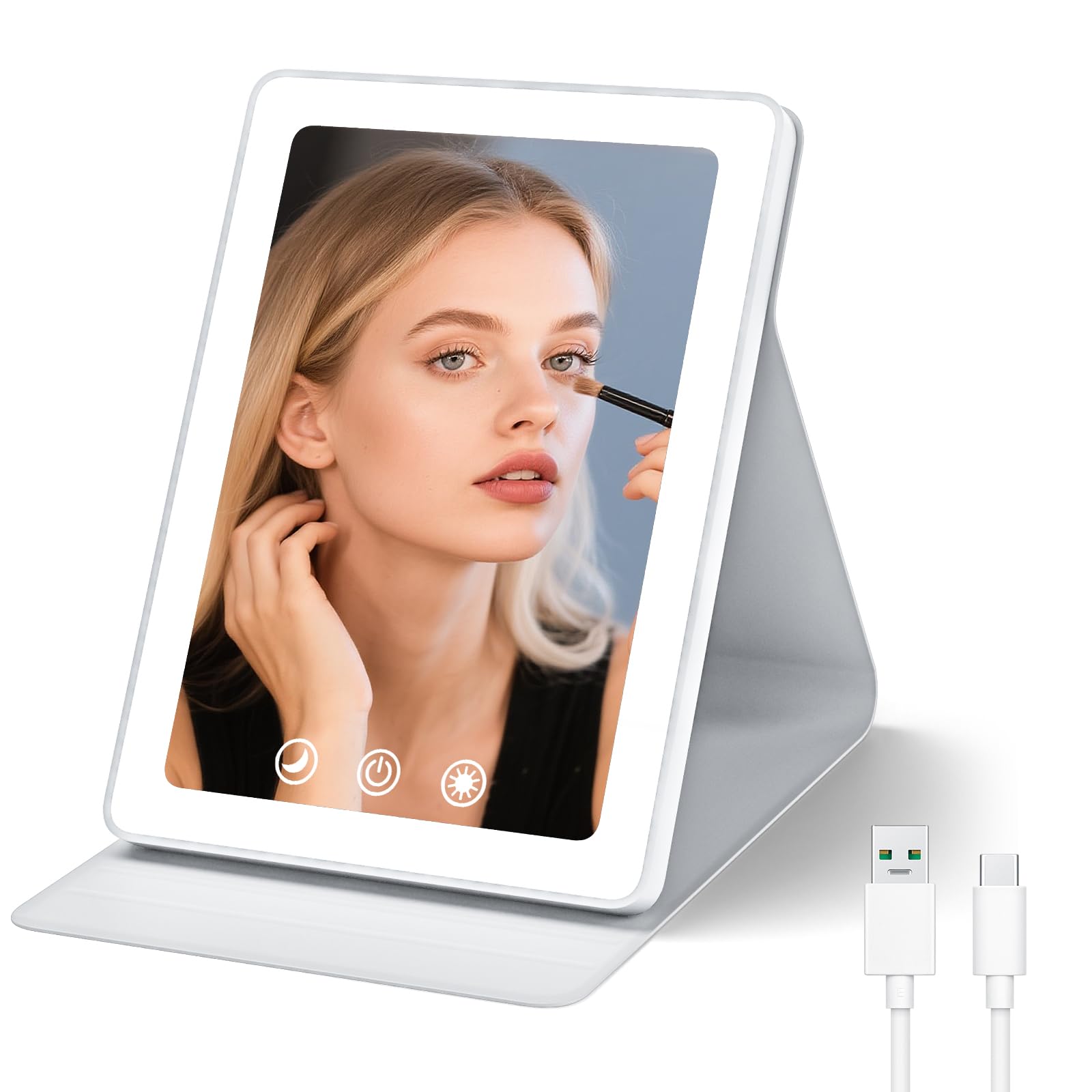 Espejo de maquillaje de viaje, espejo de maquillaje portátil con luz LED, batería recargable de 1800 mAh, 2 ajustes de luz, espejo de tocador de viaje alimentado por USB