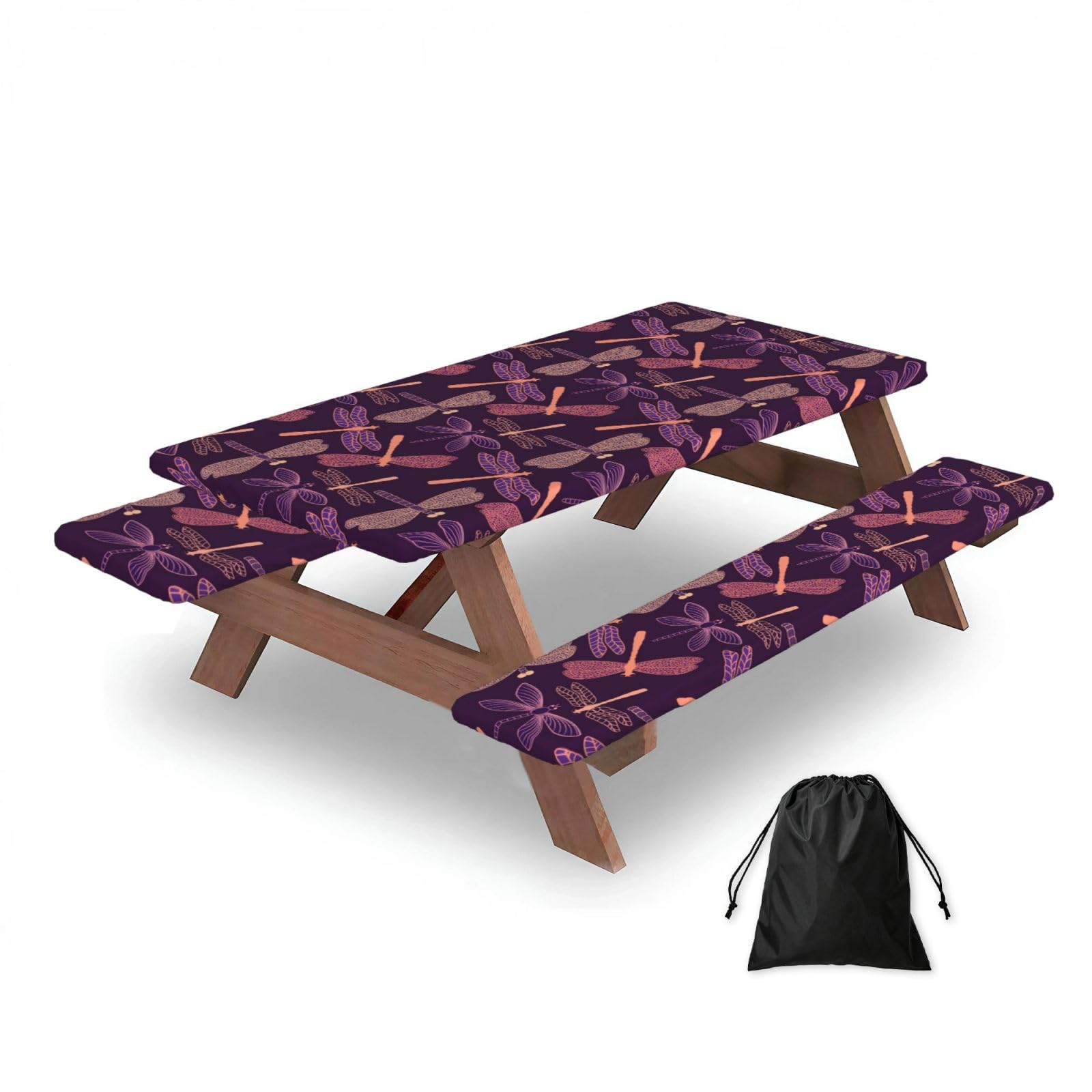 Dopklna As Picture Purple Dragonfly, Picnic Table Cover With Bench Covers -Waterproof Elastic Fitted Tablecloth For Garden Camping Patio 76X152cm