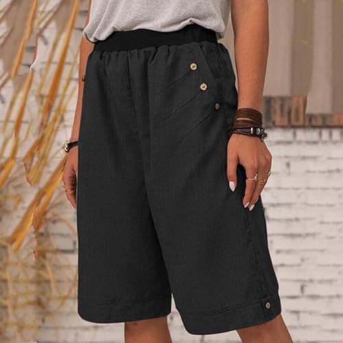 Miniatura 2 de WABEOR Bermudas de algodón y lino para mujer, longitud hasta la rodilla, pantalones cortos largos de pierna ancha, talla grande, cintura elástica,