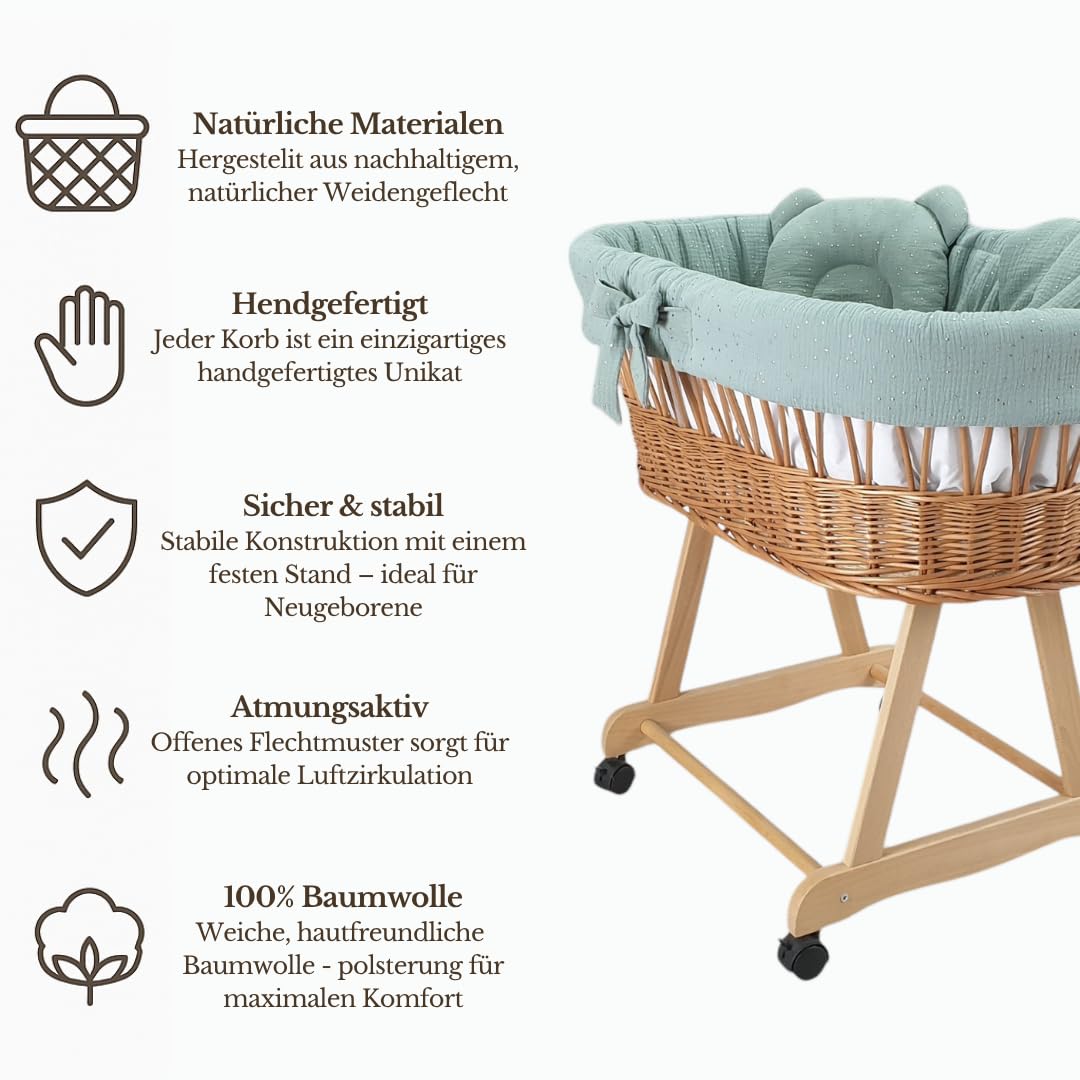 WIKLINOPOL Baby Stubenwagen – Komplettset mit Natur Moseskorb, Matratze & Bettwäsche aus 100% Baumwolle in Khaki Gold – sicherer Schlafplatz mit Rollen & Bremse – Modell Amelia