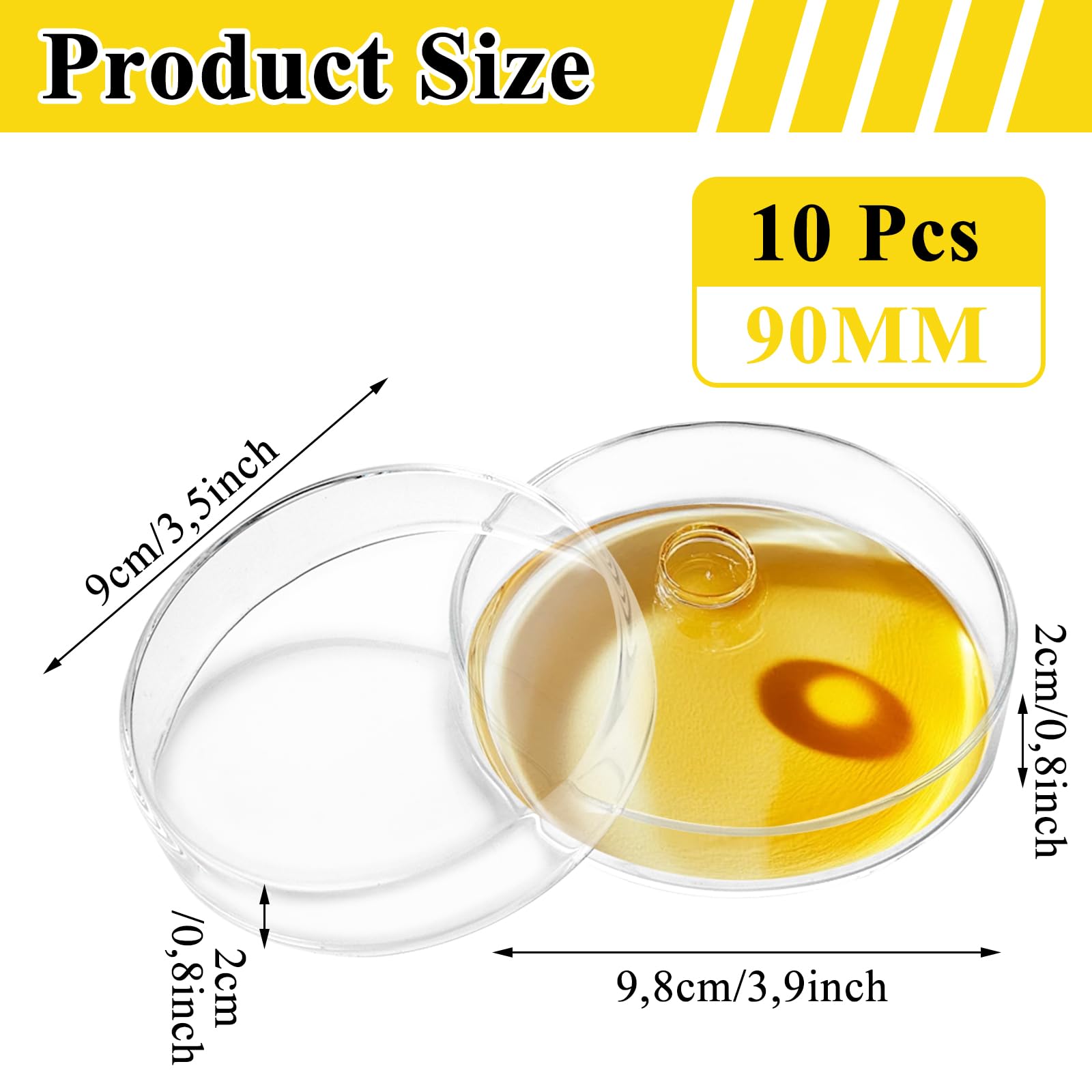 MIVIDE Lot de 10 boîtes de Pétri en verre avec couvercle, 90 x 20 mm, en verre borosilicate, boîte de Pétri stérilisée, transparente, pour écoles et culture de laboratoire, levure bactérienne