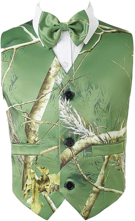 Boys Dark Green Camo 3 Piece Suit 2 Button Design with Tie Flip Pockets Formal Wear for Boys