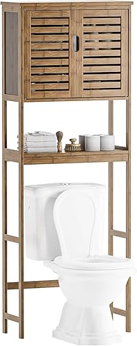 Miniatura 10 de SMIBUY Gabinete de almacenamiento para baño sobre el inodoro, organizador de gabinete de bambú de 2 puertas, estante de inodoro independiente que